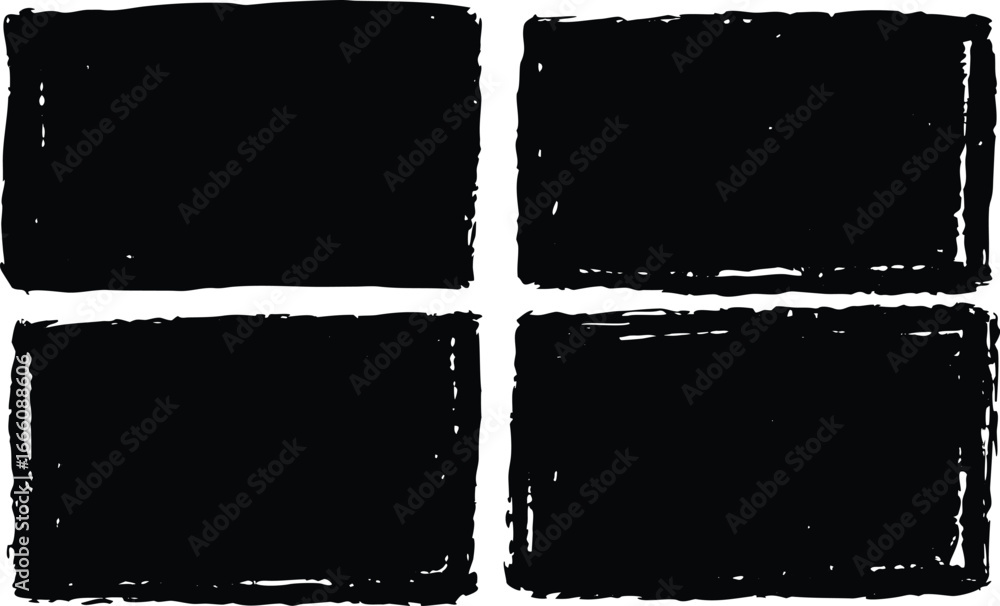 Poster four grunge black rectangle stamp frames with distressed borders isolated on white background for de