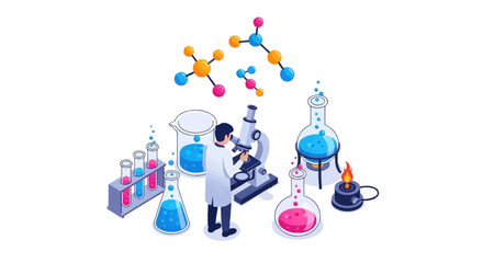 Scientist using a microscope in a laboratory setting surrounded by various glassware containing colorful liquids and molecular structures.