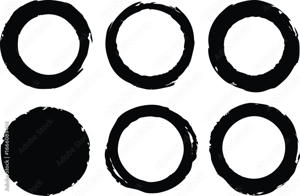 Poster collection of six grunge circular frames and one solid circle, isolated on white background