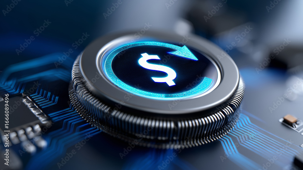 Poster cash flow forecasting symbol on futuristic digital button glowing with blue light on circuit board b