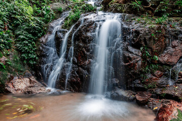 Fototapeta premium The natural backdrop of a waterfall in a deep forest or a reservoir by a stream, the beauty of the ecosystem, the green forest, the cool air during an adventurous trip.