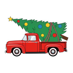 lassic Red Christmas Tree Pickup Truck with Fresh Evergreen Foliage