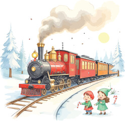 Watercolor Santa Claus on a Christmas Train with Candies and