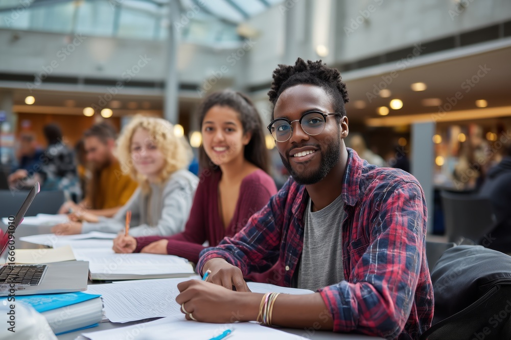 Aufkleber university students from different backgrounds collaborating within a campus setting