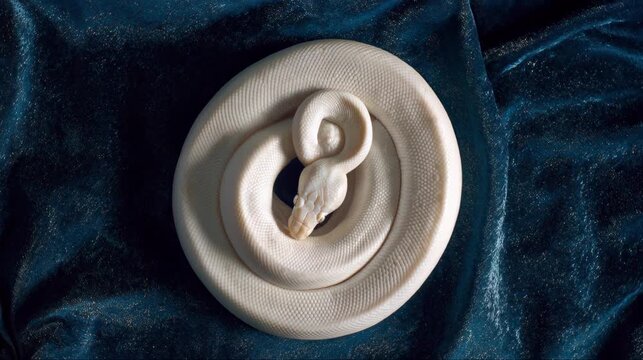 A white snake coiled on a dark, textured background.