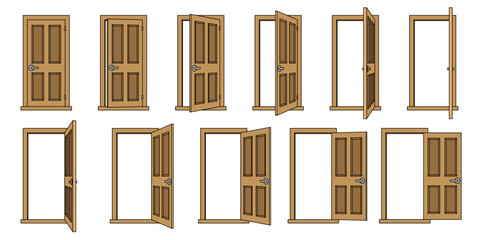 vector cartoon flat black line door animation set, clipart isolated on transparent background. 
