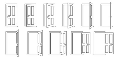 vector cartoon door animation set, black line clipart isolated on transparent background. 