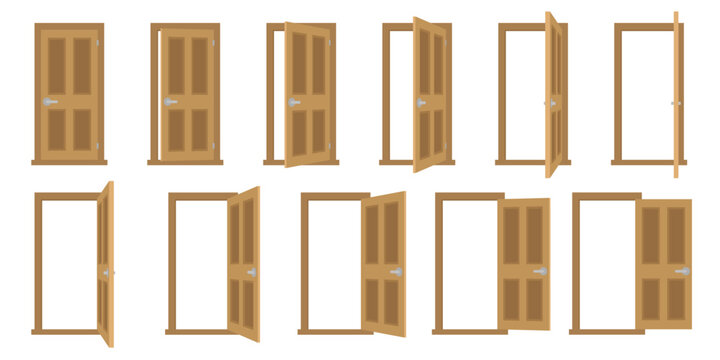 vector cartoon flat door animation set, clipart isolated on transparent background. 