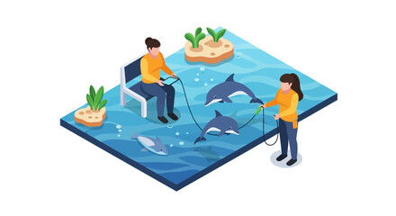 Obraz premium Two playful dolphins leaping and swimming, guided by trainers in an aquatic environment.