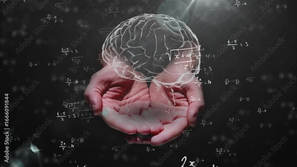 Poster floating equations initiating with cupped hands summoning rotating holographic brain showing math
