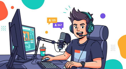 Vibrant cartoon male streamer with teal headphones and microphone, actively gaming at his desk setup.