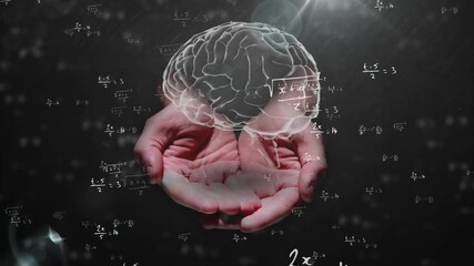 Floating equations initiating with cupped hands summoning rotating holographic brain showing math - Powered by Adobe