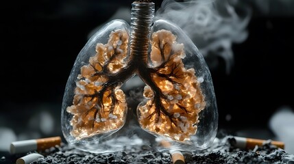 Cigarette smoke surrounds a glass sculpture of human lungs illustrating the dangers of smoking in a darkened setting