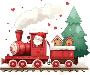 Naklejka premium Watercolor Christmas Train with Santa Claus and Christmas Tree Illustration