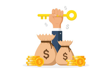 Vector illustration of a hand holding a golden key over a bag filled with money and gold coins, symbolizing success in investment or business opportunities.