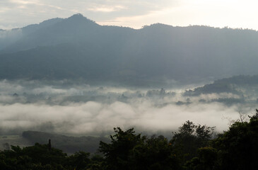Mountain view and morning mist at Phu Langka National Park, Phayao Province, Thailand.