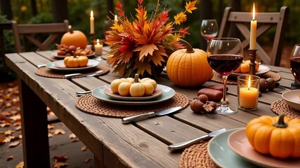 Cozy autumn table setting with pumpkins, candles, and wine, perfect for Thanksgiving or fall events, creating a warm and inviting atmosphere