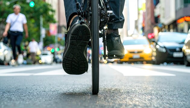 Close Up Cyclist's Feet Pedaling Bicycle in City Street - Powered by Adobe