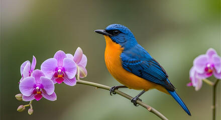 Obraz premium A radiant male blue-and-orange Flycatcher rests gracefully upon an orchid branch displaying its vibrant plumage amidst soft hues of lavender offering a serene encounter