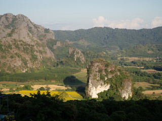 Mountain view and morning mist at Phu Langka National Park, Phayao Province, Thailand.