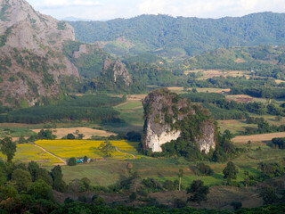 Mountain view and morning mist at Phu Langka National Park, Phayao Province, Thailand.