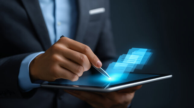 Ai automation financial accounting budget technology digital tablet business person hand stylus futuristic data transfer