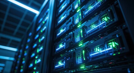 Close up of modern server rack with glowing blue and green lights in data center