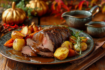 game meat roast with vegetables autumn table
