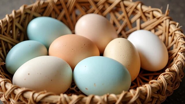 Artisan basket filled with a colorful assortment of fresh eggs, ideal for farm-to-table promotions, spring events, and healthy eating campaigns