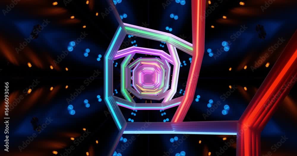 Poster vibrant geometric shapes twist and turn in a seamless loop, creating an eye catching visual display.