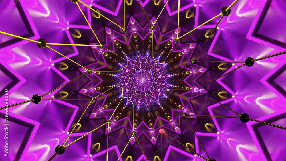 Poster intricate star shaped designs pulse and morph with vibrant colors in a seamless loop, captivating vi