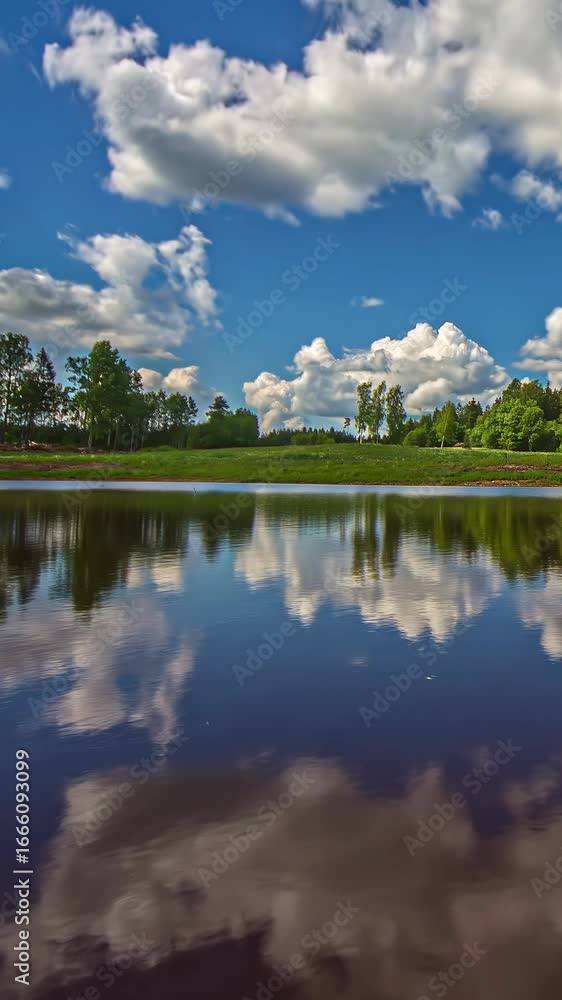 Poster vertical view of serene lake with clouds reflection. timelapse