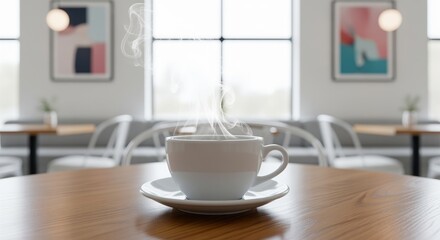 Fototapeta premium Steaming white ceramic coffee mug on a wooden table in a bright modern cafe interior