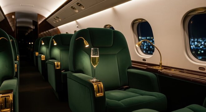Luxurious private jet interior at night with plush green seats and a glass of champagne - Powered by Adobe