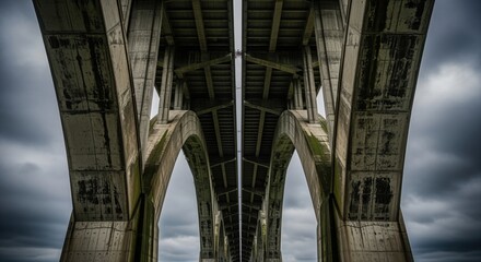 Fototapeta premium Low angle view of massive weathered concrete bridge underside with arches and support columns