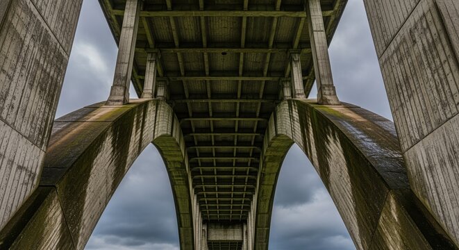 Low angle view of weathered concrete bridge arches and support columns against a cloudy sky