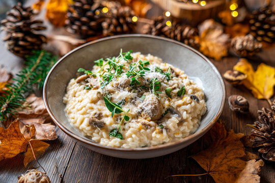 mushroom risotto parmesan cheese autumn table
