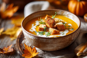 pumpkin soup with croutons on wooden table autumn