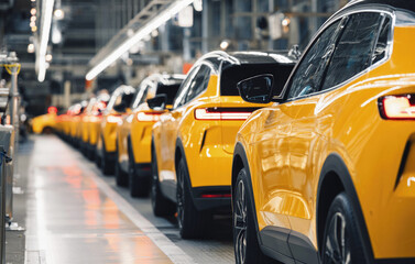 Obraz premium Yellow electric SUVs in a row on an automotive assembly line, captured from a low rear-side angle inside a high-tech car manufacturing factory with modern lighting and reflections. Selective focus.