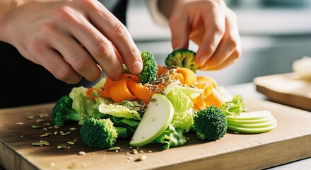 Close up of chef hands preparing a fresh healthy green salad with broccoli and carrot on wooden board