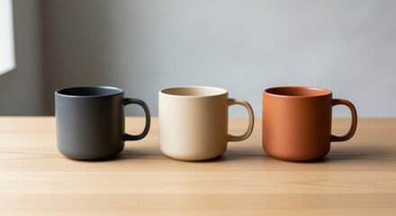 Fototapeta premium Three minimalist ceramic coffee mugs in matte charcoal grey, warm beige, and terracotta colors
