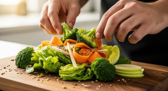 Hands arranging fresh green broccoli and colorful carrots into a vibrant healthy salad - Powered by Adobe
