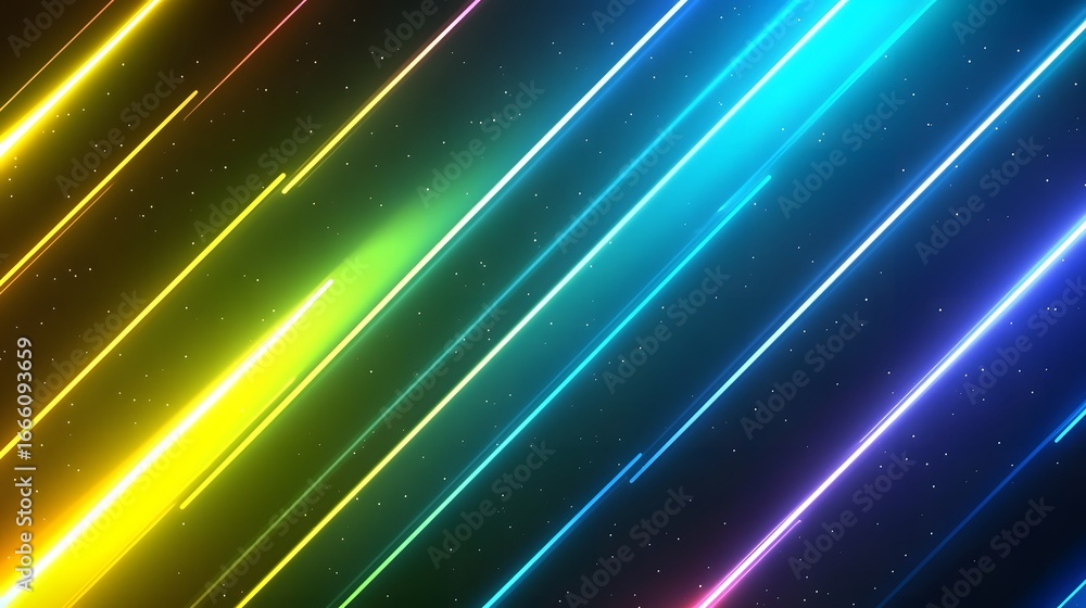 Poster a vibrant display of diagonal neon lines in a spectrum of colors, featuring a dark background and su