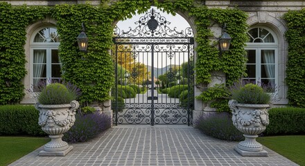 Grand entrance to a luxury estate with ornate wrought iron gate and lush ivy covered archway
