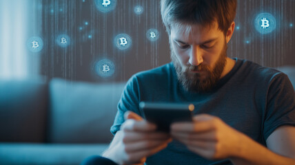 Businessman touching digital screen with glowing Bitcoin crypto data, illustrating financial technology and virtual trading interface