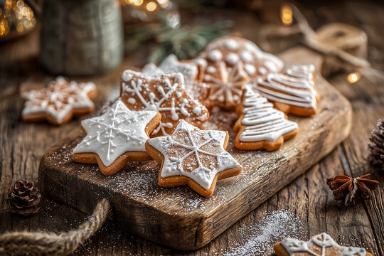 festive gingerbread cookies on rustic wooden board