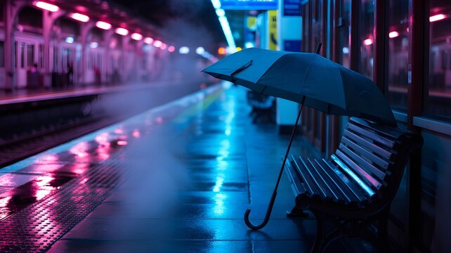 Moody train station scene with vintage bench and umbrella evokes urban loneliness and atmospheric vibes on a rainy night