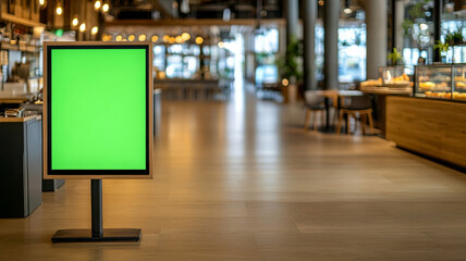 Digital signage display with chroma key green screen standing in stylish cafe, ideal for advertisement