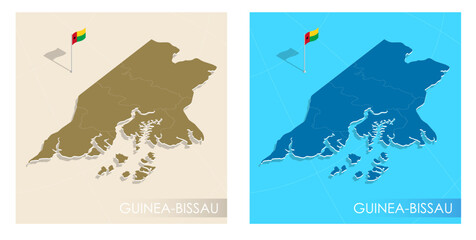 Guinea Bissau country flag installed on geographic positioning map point of country territory. Guinea Bissau commonwealth banner on land and sea. Festive patriotic HD format template independence day