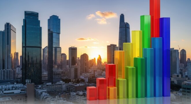 Colorful Financial Growth Chart Against Urban Skyline at Sunrise Illustrative
